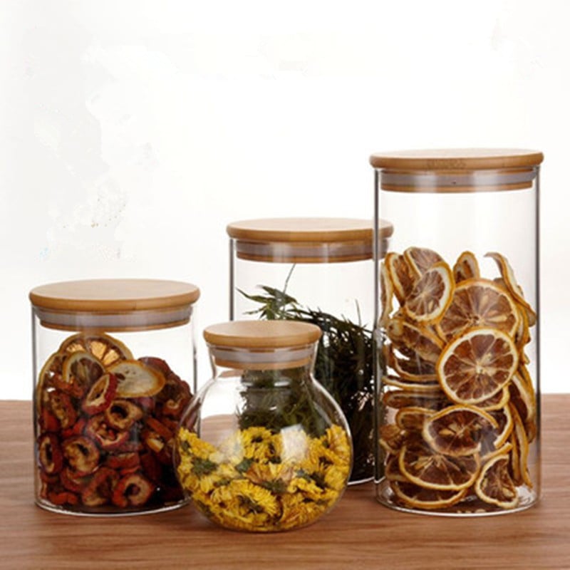 Recipient din sticlă borosilicat cu capac din bambus, recipient ermetic pentru ceai și cereale
