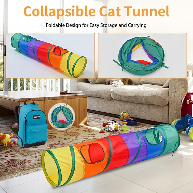 Tunel pliabil pentru pisici, tunel de joacă curcubeu din poliester