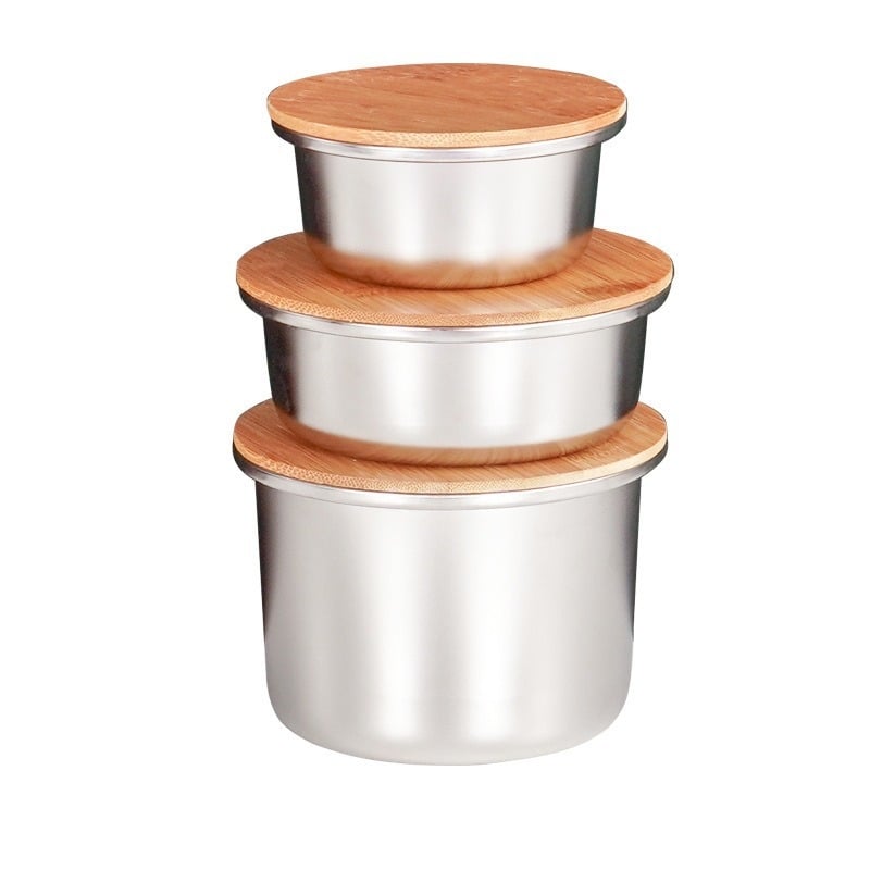 Recipient rotund din oțel inoxidabil 304 cu capac din bambus, etanș, pentru ceai și boabe de cafea