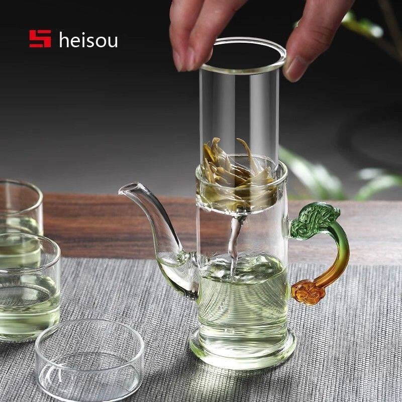 Set de ceai din sticlă pentru uz casnic, cu filtru Pu'er Gongfu și separare ceai-apă, set de cești roșii cu mânere duble, ceainic pentru o singură infuzie