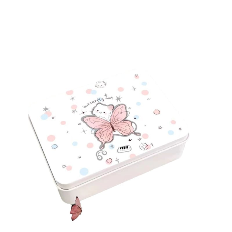 Cutie metalică pentru birou, design drăguț cu fluture și pisicuță, pentru depozitarea rechizitelor și a obiectelor mici, dimensiuni 12×9×4 cm, capacitate 200 ml