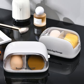Cutie transparentă de depozitare pentru cosmetice, cu compartimente pentru bureți de pudră, ruj, bureți de machiaj și burete de fond de ten