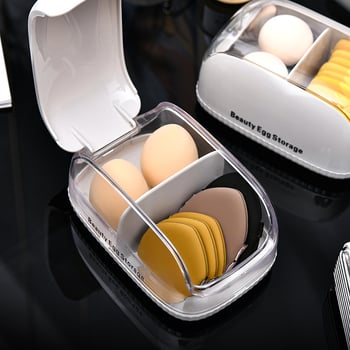 Cutie transparentă de depozitare pentru cosmetice, cu compartimente pentru bureți de pudră, ruj, bureți de machiaj și burete de fond de ten
