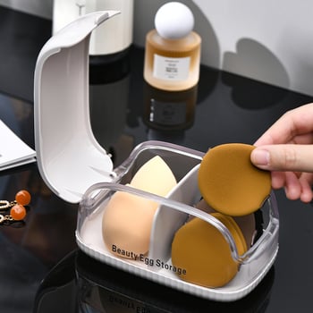 Cutie transparentă de depozitare pentru cosmetice, cu compartimente pentru bureți de pudră, ruj, bureți de machiaj și burete de fond de ten