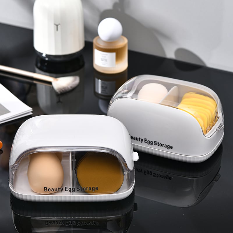 Cutie transparentă de depozitare pentru cosmetice, cu compartimente pentru bureți de pudră, ruj, bureți de machiaj și burete de fond de ten