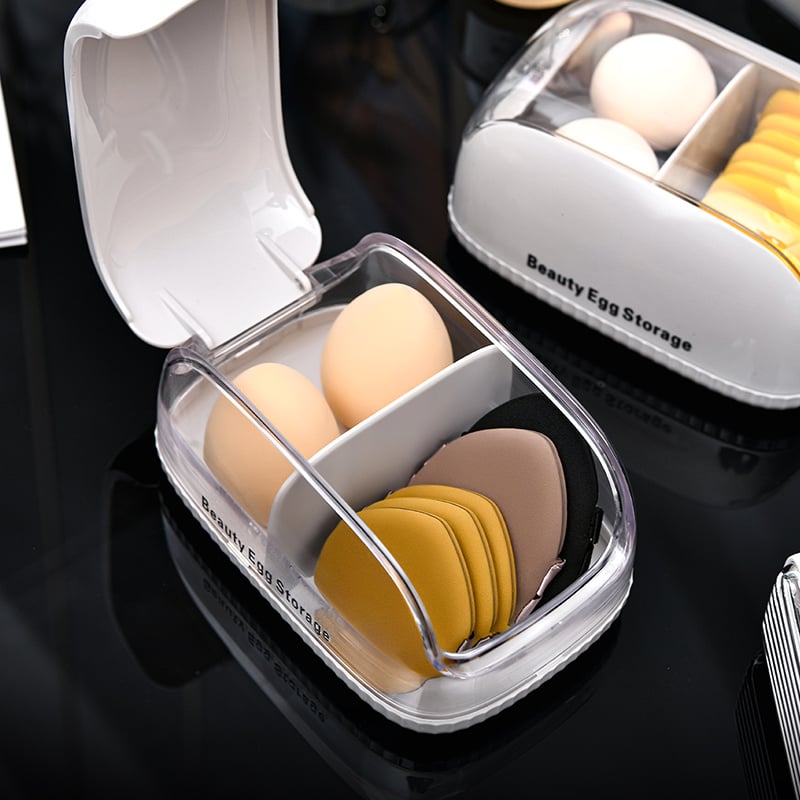 Cutie transparentă de depozitare pentru cosmetice, cu compartimente pentru bureți de pudră, ruj, bureți de machiaj și burete de fond de ten