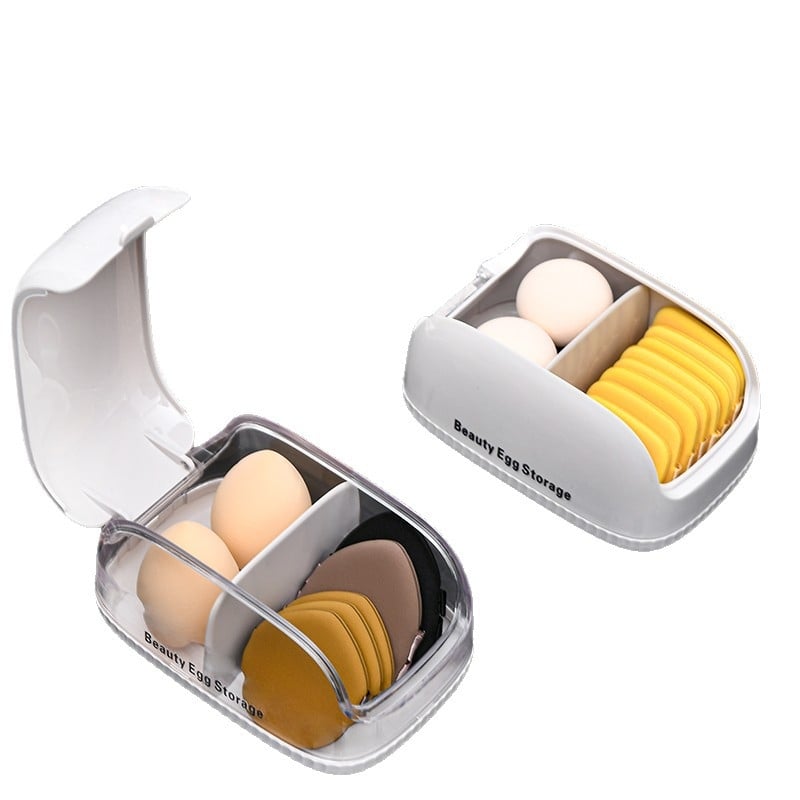 Cutie transparentă de depozitare pentru cosmetice, cu compartimente pentru bureți de pudră, ruj, bureți de machiaj și burete de fond de ten