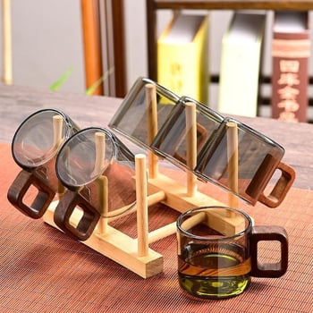 Ceașcă de ceai din sticlă rezistentă la căldură cu mâner, accent din lemn de nuc, borosilicat gros, set Kung Fu pentru ceai, ceașcă individuală pentru ceai de flori