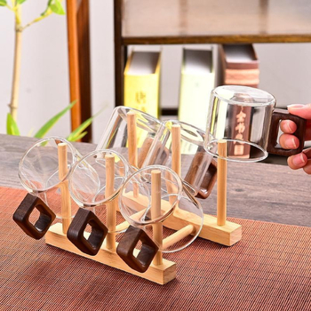 Ceașcă de ceai din sticlă rezistentă la căldură cu mâner, accent din lemn de nuc, borosilicat gros, set Kung Fu pentru ceai, ceașcă individuală pentru ceai de flori