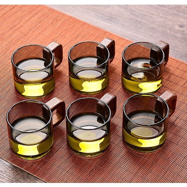Ceașcă de ceai din sticlă rezistentă la căldură cu mâner, accent din lemn de nuc, borosilicat gros, set Kung Fu pentru ceai, ceașcă individuală pentru ceai de flori