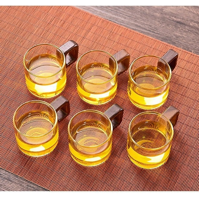 Ceașcă de ceai din sticlă rezistentă la căldură cu mâner, accent din lemn de nuc, borosilicat gros, set Kung Fu pentru ceai, ceașcă individuală pentru ceai de flori