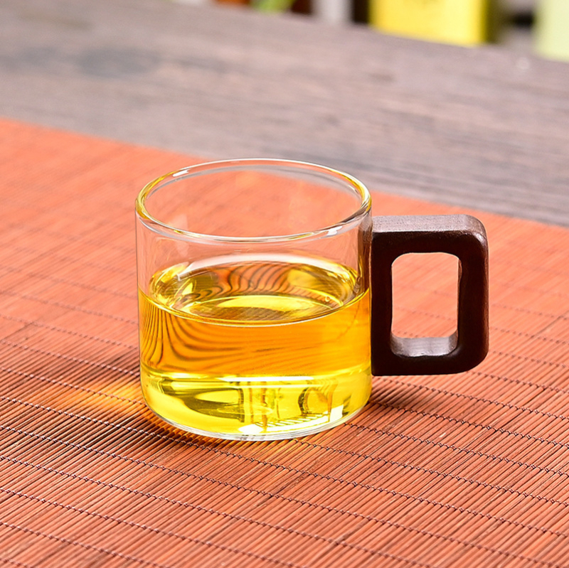 Ceașcă de ceai din sticlă rezistentă la căldură cu mâner, accent din lemn de nuc, borosilicat gros, set Kung Fu pentru ceai, ceașcă individuală pentru ceai de flori