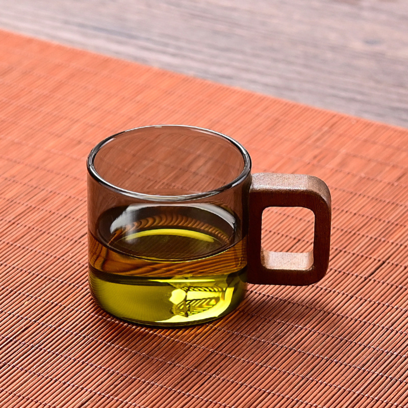 Ceașcă de ceai din sticlă rezistentă la căldură cu mâner, accent din lemn de nuc, borosilicat gros, set Kung Fu pentru ceai, ceașcă individuală pentru ceai de flori