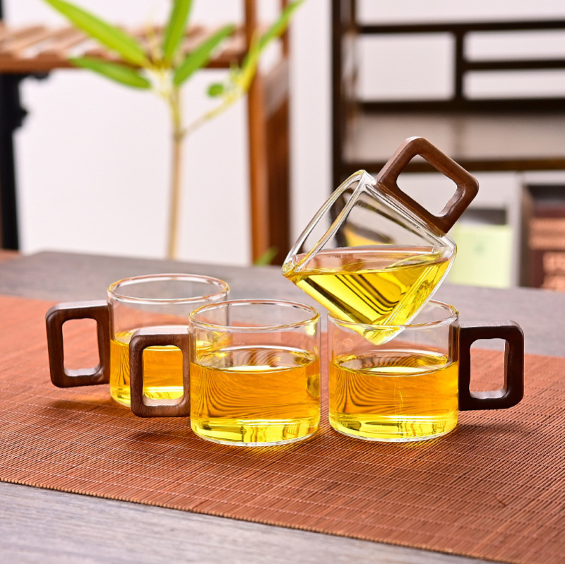 Ceașcă de ceai din sticlă rezistentă la căldură cu mâner, accent din lemn de nuc, borosilicat gros, set Kung Fu pentru ceai, ceașcă individuală pentru ceai de flori