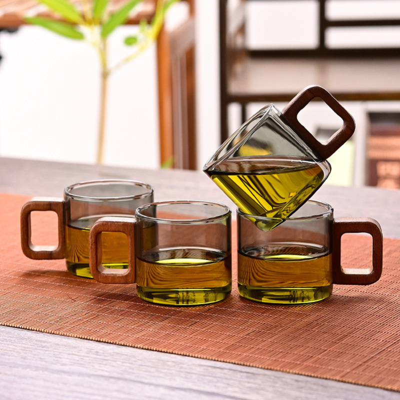 Ceașcă de ceai din sticlă rezistentă la căldură cu mâner, accent din lemn de nuc, borosilicat gros, set Kung Fu pentru ceai, ceașcă individuală pentru ceai de flori