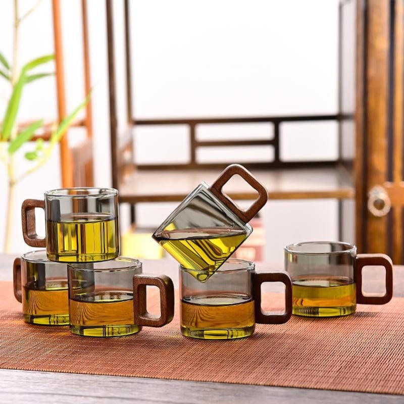 Ceașcă de ceai din sticlă rezistentă la căldură cu mâner, accent din lemn de nuc, borosilicat gros, set Kung Fu pentru ceai, ceașcă individuală pentru ceai de flori