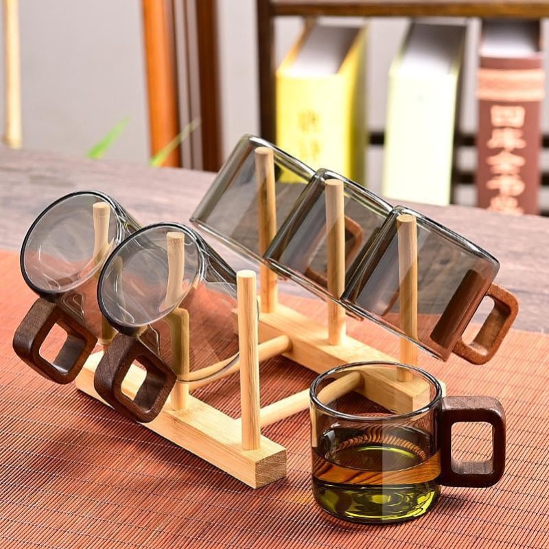 Ceașcă de ceai din sticlă rezistentă la căldură cu mâner, accent din lemn de nuc, borosilicat gros, set Kung Fu pentru ceai, ceașcă individuală pentru ceai de flori