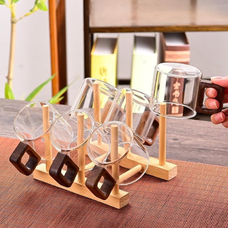 Ceașcă de ceai din sticlă rezistentă la căldură cu mâner, accent din lemn de nuc, borosilicat gros, set Kung Fu pentru ceai, ceașcă individuală pentru ceai de flori