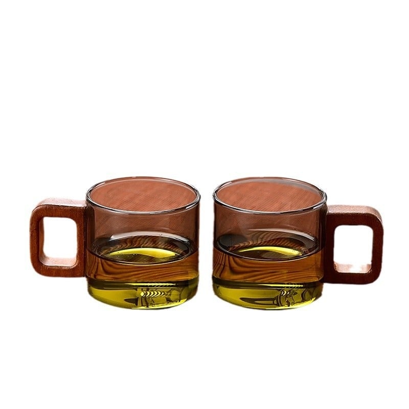 Ceașcă de ceai din sticlă rezistentă la căldură cu mâner, accent din lemn de nuc, borosilicat gros, set Kung Fu pentru ceai, ceașcă individuală pentru ceai de flori