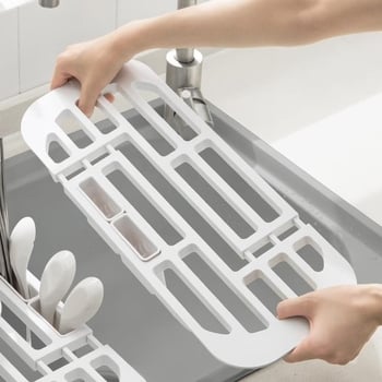 imakara Alb suport extensibil pentru chiuvetă – drenaj pentru vase și farfurii, organizator minimalist