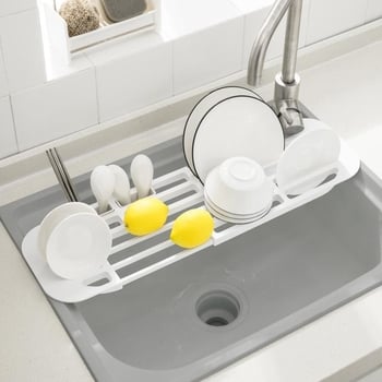 imakara Alb suport extensibil pentru chiuvetă – drenaj pentru vase și farfurii, organizator minimalist