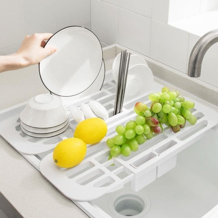 imakara Alb suport extensibil pentru chiuvetă – drenaj pentru vase și farfurii, organizator minimalist