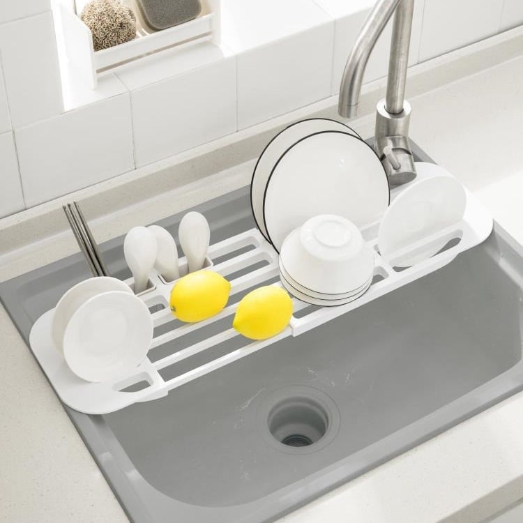 imakara Alb suport extensibil pentru chiuvetă – drenaj pentru vase și farfurii, organizator minimalist