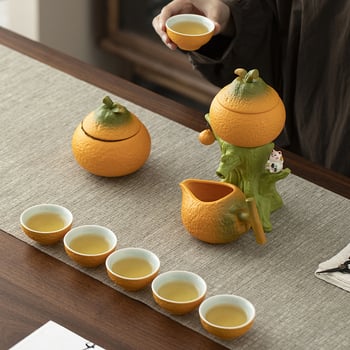 Set Gongfu portocaliu de ceai, cu ceainic ceramic și cești, în cutie cadou