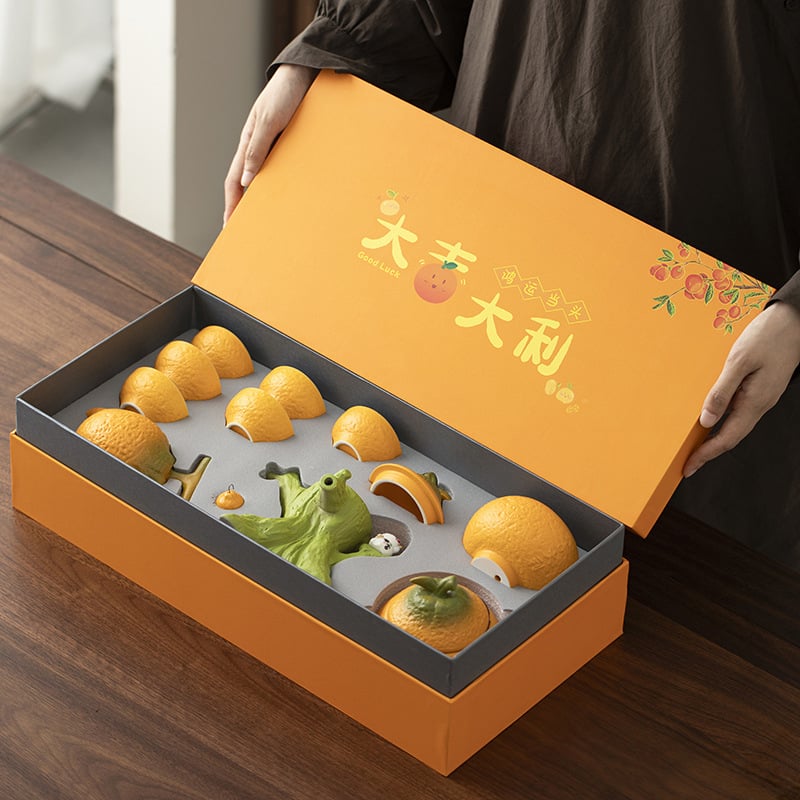 Set Gongfu portocaliu de ceai, cu ceainic ceramic și cești, în cutie cadou