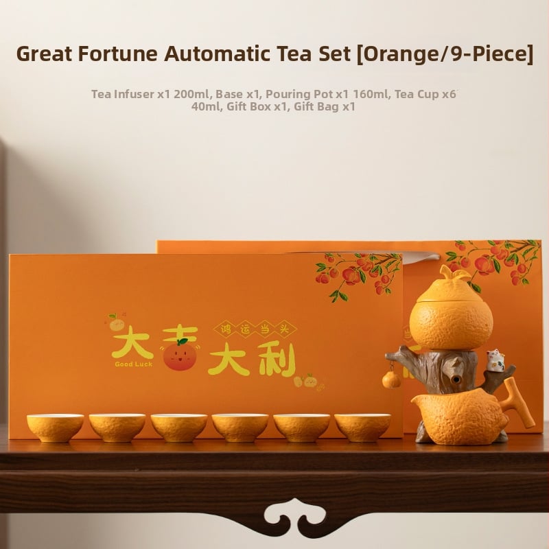 Set Gongfu portocaliu de ceai, cu ceainic ceramic și cești, în cutie cadou