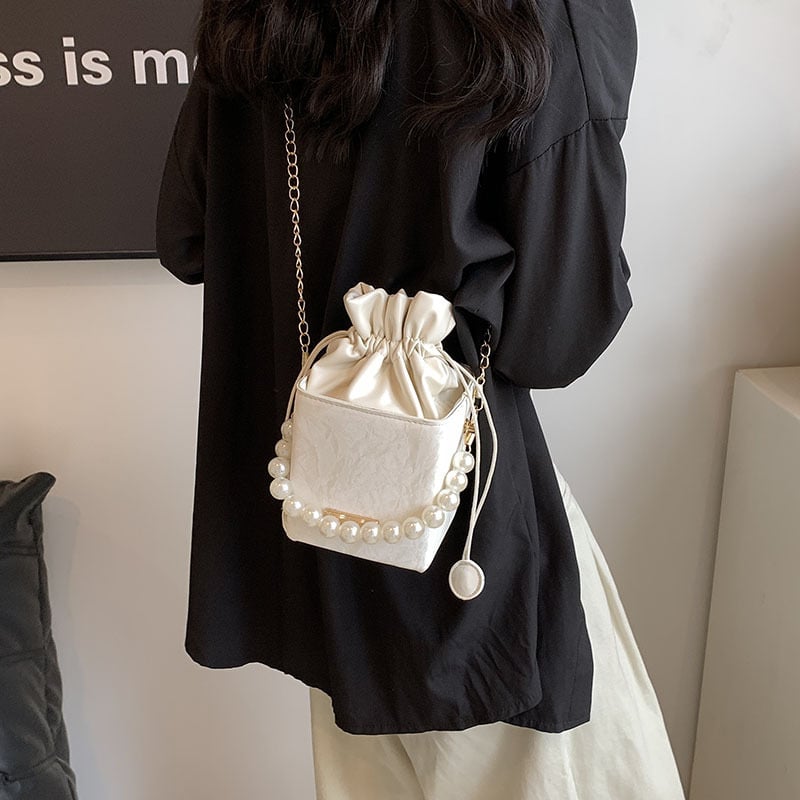 Geantă mică de vară tip găleată, 2024 nou model, casual minimalist, crossbody, cu perle