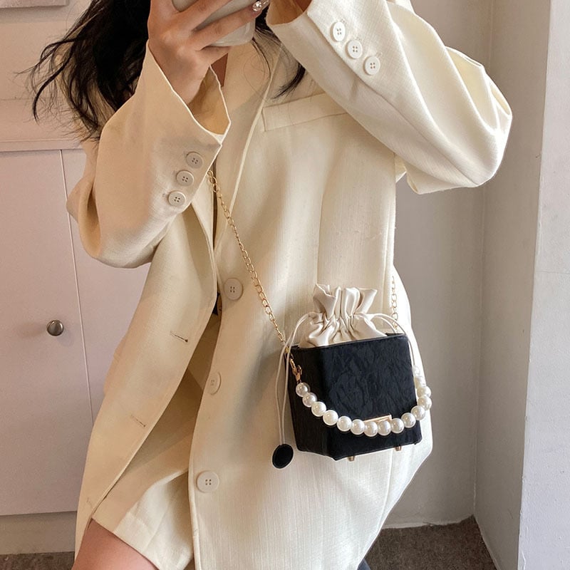 Geantă mică de vară tip găleată, 2024 nou model, casual minimalist, crossbody, cu perle
