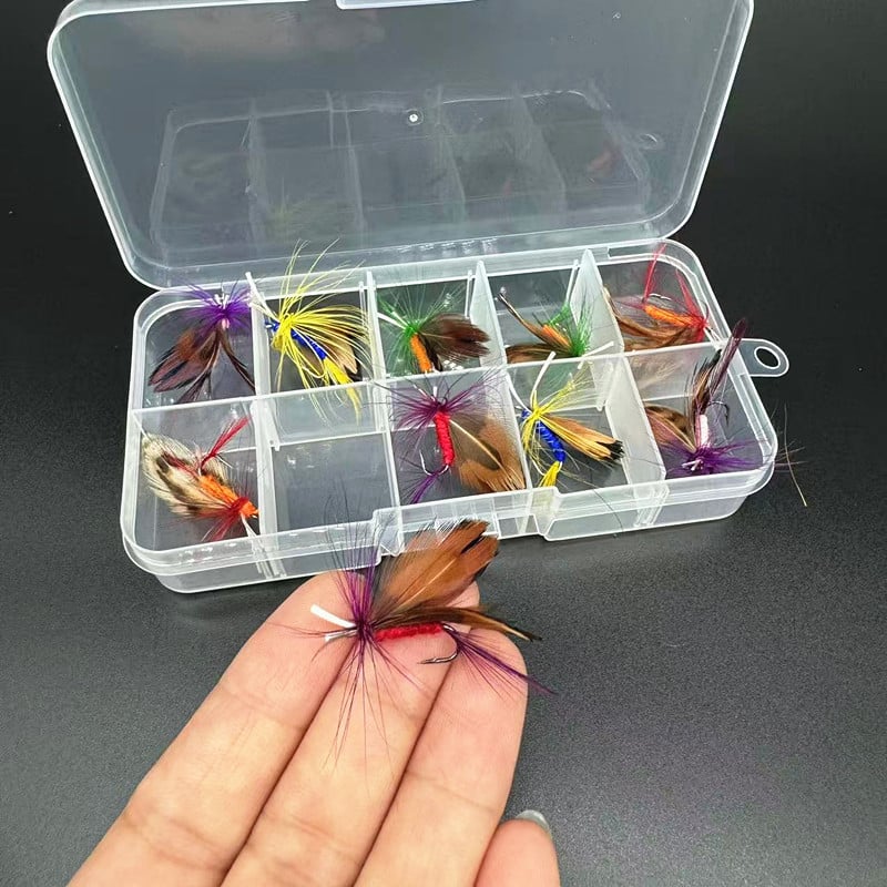 Cutie pentru năluci de muște cu 10 cârlige cu pene și năluci inspirate de insecte