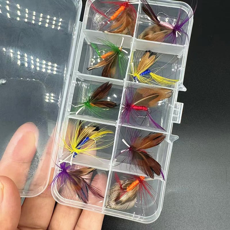 Cutie pentru năluci de muște cu 10 cârlige cu pene și năluci inspirate de insecte