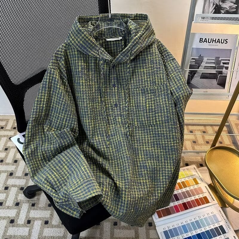 Hanorac verde cu glugă, carouri pentru bărbați, pulover ușor, stil coreean, retro american vintage
