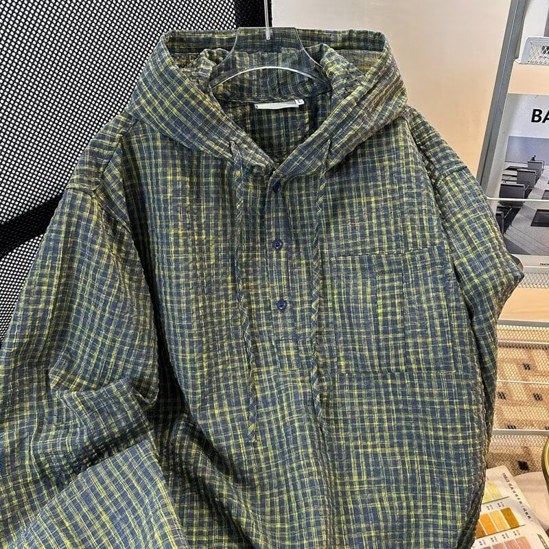 Hanorac verde cu glugă, carouri pentru bărbați, pulover ușor, stil coreean, retro american vintage