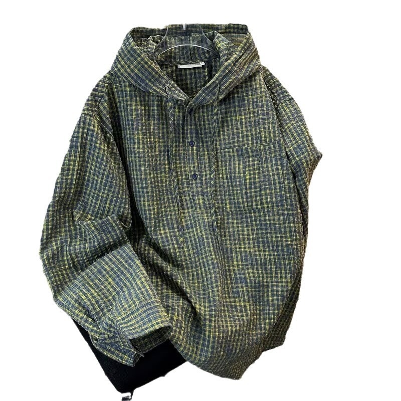 Hanorac verde cu glugă, carouri pentru bărbați, pulover ușor, stil coreean, retro american vintage