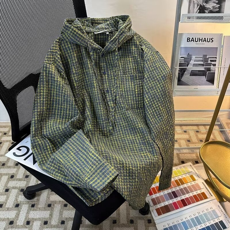 Hanorac verde cu glugă, carouri pentru bărbați, pulover ușor, stil coreean, retro american vintage