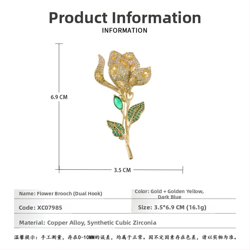 Broșă în formă de lalea, din aliaj de cupru, placare cu aur adevărat, zirconiu micro-incrustat, accesoriu elegant pentru haine feminine