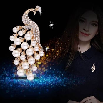 Broșă de paun din aliaj, cu perle și cristale, accesorii pentru îmbrăcăminte