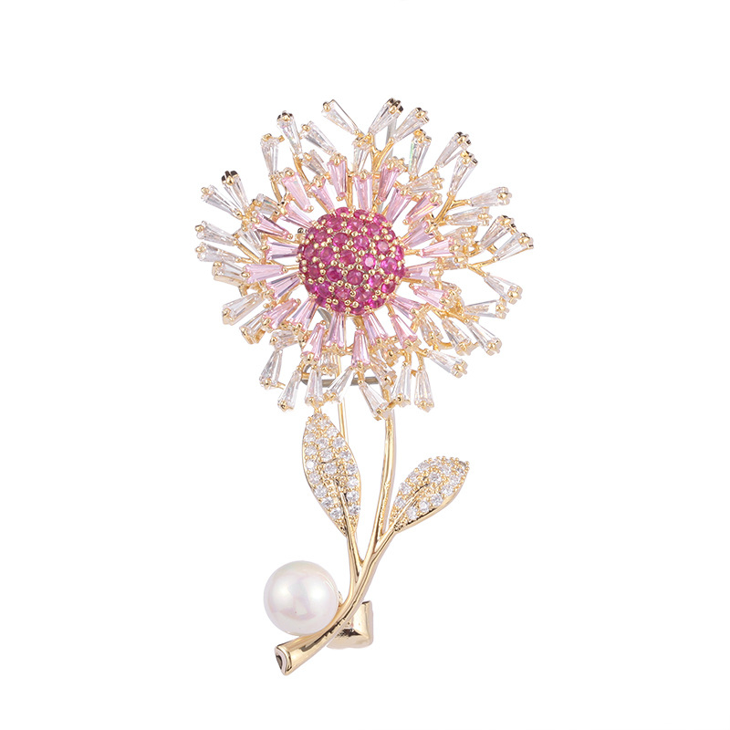 Broșă floarea-soarelui cu finisaj auriu, zirconiu și perlă - accesorii elegante pentru haine