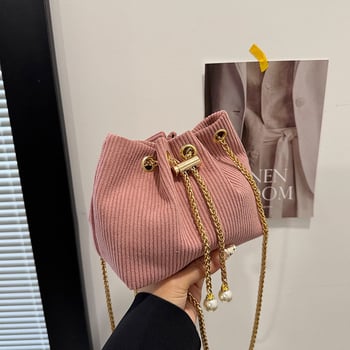 Geantă bucket pentru femei din corduroy, stil coreean, versatilă, cu curea crossbody, mică, pentru utilizare zilnică.