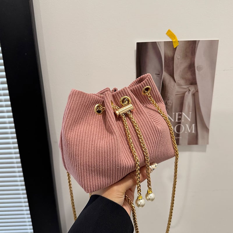 Geantă bucket pentru femei din corduroy, stil coreean, versatilă, cu curea crossbody, mică, pentru utilizare zilnică.