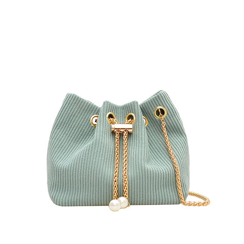 Geantă bucket pentru femei din corduroy, stil coreean, versatilă, cu curea crossbody, mică, pentru utilizare zilnică.