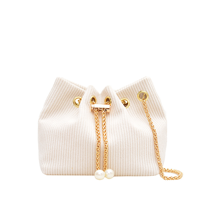 Geantă bucket pentru femei din corduroy, stil coreean, versatilă, cu curea crossbody, mică, pentru utilizare zilnică.