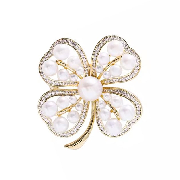 Broșă pentru femei cu trifoi cu patru foi și perlă, design floral elegant