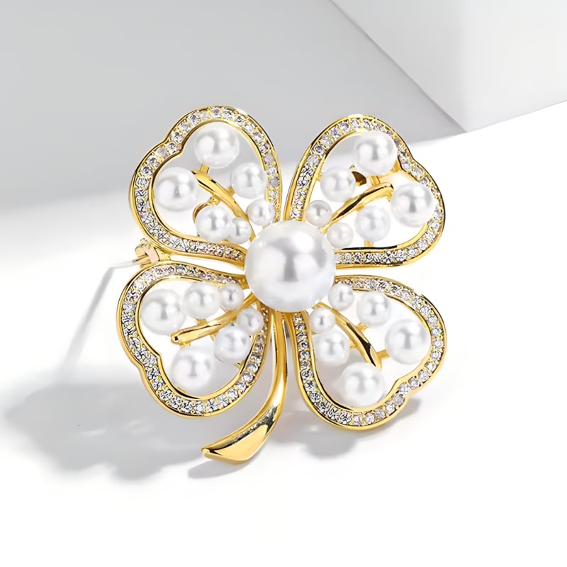 Broșă pentru femei cu trifoi cu patru foi și perlă, design floral elegant