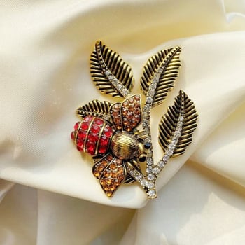 Brosă retro cu albina și frunze, ornament cu zirconiu, accesoriu feminin