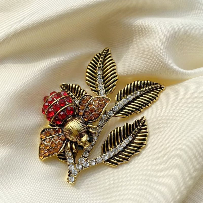 Brosă retro cu albina și frunze, ornament cu zirconiu, accesoriu feminin