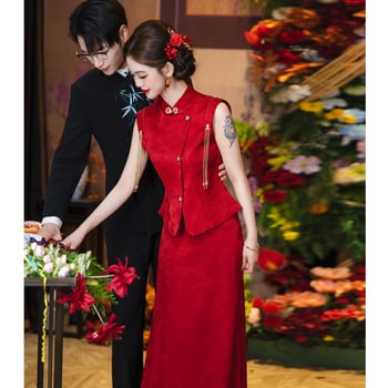 Rochie roșie pentru toast la nuntă, cheongsam de mireasă, set de logodnă în stil chinezesc nou, rochie de nuntă lungă, look elegant pentru purtare zilnică
